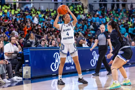 Georgia Southern junior guard Jazmyne Jackson (4) during the NCAA women’s basketball game between Georgia Southern and Coastal Georgia at Jack and Ruth Ann Hill Convocation Center on December 13, 2024 in Statesboro, Georgia. (Photograph by AJ Henderson / Georgia Southern Athletics)
