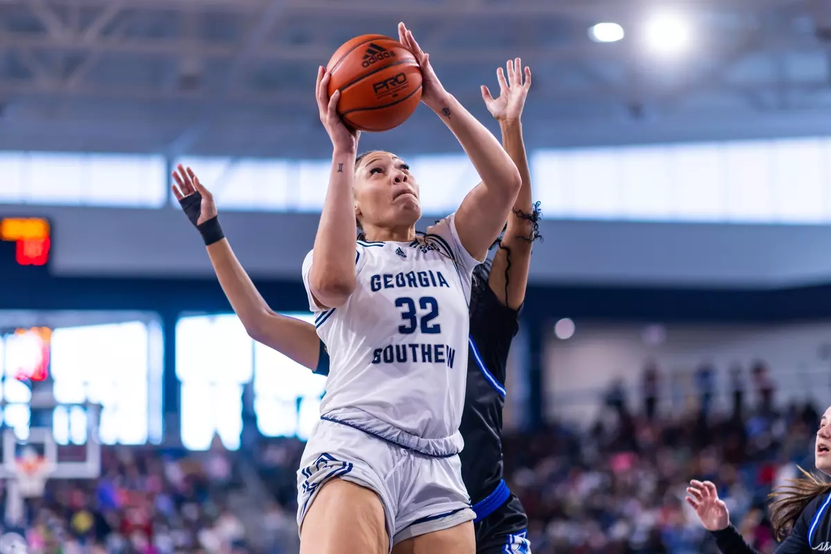Georgia Southern senior center Leah Johnson (32) during the NCAA women’s basketball game between Georgia Southern and Coastal Georgia at Jack and Ruth Ann Hill Convocation Center on December 13, 2024 in Statesboro, Georgia. (Photograph by AJ Henderson / Georgia Southern Athletics)