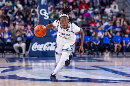 Georgia Southern freshman guard/forward Tamiria Jones (1) during the NCAA women’s basketball game between Georgia Southern and Coastal Georgia at Jack and Ruth Ann Hill Convocation Center on December 13, 2024 in Statesboro, Georgia. (Photograph by AJ Henderson / Georgia Southern Athletics)