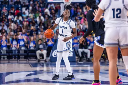Georgia Southern freshman guard/forward Tamiria Jones (1) during the NCAA women’s basketball game between Georgia Southern and Coastal Georgia at Jack and Ruth Ann Hill Convocation Center on December 13, 2024 in Statesboro, Georgia. (Photograph by AJ Henderson / Georgia Southern Athletics)