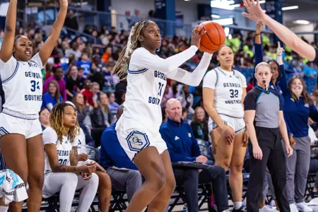 Georgia Southern freshman forward Ashantay Noble (21) during the NCAA women’s basketball game between Georgia Southern and Coastal Georgia at Jack and Ruth Ann Hill Convocation Center on December 13, 2024 in Statesboro, Georgia. (Photograph by AJ Henderson / Georgia Southern Athletics)