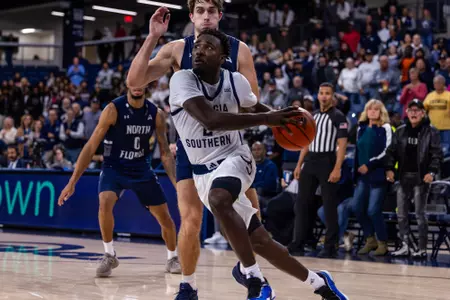 Game action during the NCAA men’s basketball game between Georgia Southern and North Florida at Jack and Ruth Ann Hill Convocation Cenrer on December 7, 2024 in Statesboro, Georgia. (Photograph by AJ Henderson / Georgia Southern Athletics)