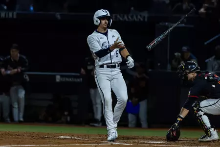 Georgia Southern outfielder Daniel Haab takes his base after being hit by a pitch in the bottom of the fourth inning in an NCAA baseball game at J.I. Clements Stadium on Friday, Feb. 16.