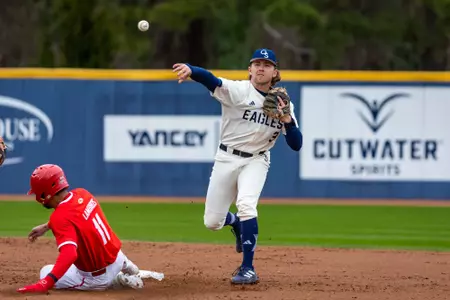 Georgia Southern second baseman Jarrett Jenkins (3) completes a relay throw for a double play on Sunday, Feb. 18.