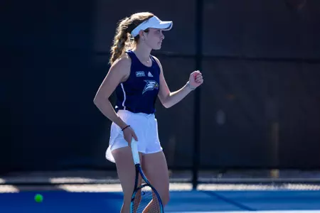 Georgia Southern freshman Mackenzie Leopold during the NCAA women’s tennis match between Georgia Southern and Kennesaw State at Wallis Tennis Center on February 2, 2024 in Statesboro, Georgia. (Photograph by AJ Henderson / Georgia Southern Athletics)
