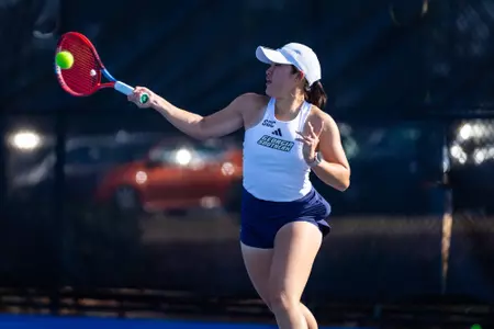 Georgia Southern sophomore Nanaka Kijima during the NCAA women’s tennis match between Georgia Southern and Florida A&M at Wallis Tennis Center on February 3, 2024 in Statesboro, Georgia. (Photograph by AJ Henderson / Georgia Southern Athletics)
