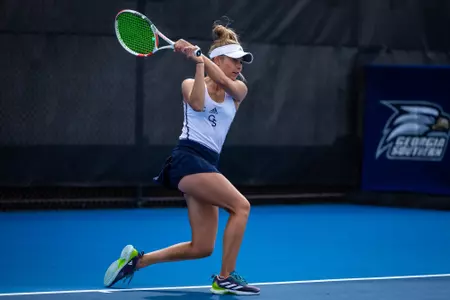 Georgia Southern senior Lindsay Tulenko during the NCAA women’s tennis match between Georgia Southern and South Carolina State at Wallis Tennis Center on February 29, 2024 in Statesboro, Georgia. (Photograph by AJ Henderson / Georgia Southern Athletics)