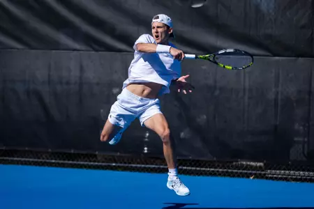 Georgia Southern junior Dimitris Paliouras during the NCAA men’s tennis match between Georgia Southern and Kennesaw State at Wallis Tennis Center on February 7, 2024 in Statesboro, Georgia. (Photograph by AJ Henderson / Georgia Southern Athletics)