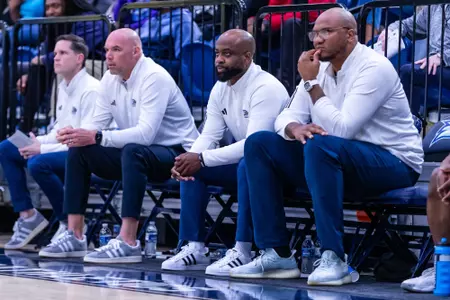 Georgia Southern men's basketball assistant coach Kente' Hart during the NCAA men’s basketball game between Georgia Southern and Texas State at Hanner Fieldhouse on February 22, 2024 in Statesboro, Georgia. (Photograph by AJ Henderson / Georgia Southern Athletics)