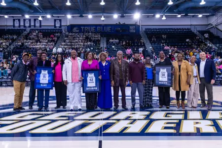 Jersey retirement during the NCAA women’s basketball game between Georgia Southern and Coastal Carolina at Hanner Fieldhouse on February 24, 2024 in Statesboro, Georgia. (Photograph by AJ Henderson / Georgia Southern Athletics)