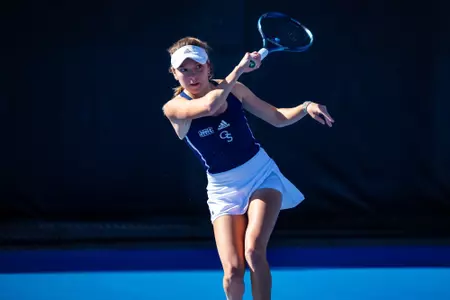 Georgia Southern freshman Mackenzie Leopold during the NCAA women’s tennis match between Georgia Southern and Southern Miss at Wallis Tennis Center on March 29, 2024 in Statesboro, Georgia. (Photograph by AJ Henderson / Georgia Southern Athletics)