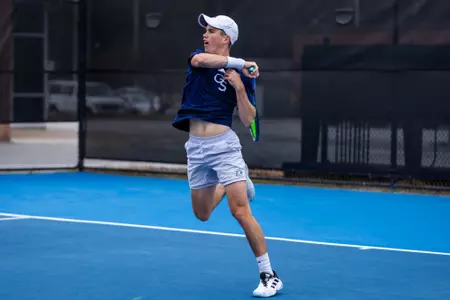 Georgia Southern sophomore Matthew Mitchell during the NCAA men’s tennis match between Georgia Southern and Gardner-Webb at Wallis Tennis Center on February 18, 2024 in Statesboro, Georgia. (Photograph by AJ Henderson / Georgia Southern Athletics)