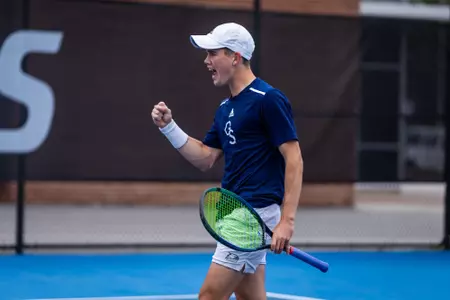 Georgia Southern sophomore Matthew Mitchell during the NCAA men’s tennis match between Georgia Southern and Gardner-Webb at Wallis Tennis Center on February 18, 2024 in Statesboro, Georgia. (Photograph by AJ Henderson / Georgia Southern Athletics)