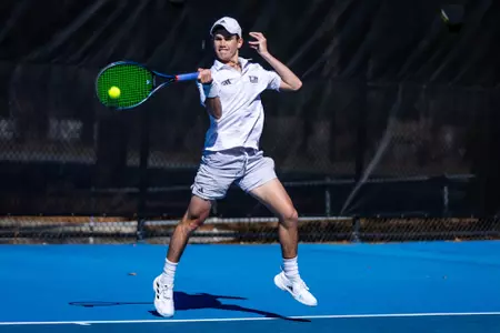 Georgia Southern sophomore Matthew Mitchell during the NCAA men’s tennis match between Georgia Southern and Kennesaw State at Wallis Tennis Center on February 7, 2024 in Statesboro, Georgia. (Photograph by AJ Henderson / Georgia Southern Athletics)