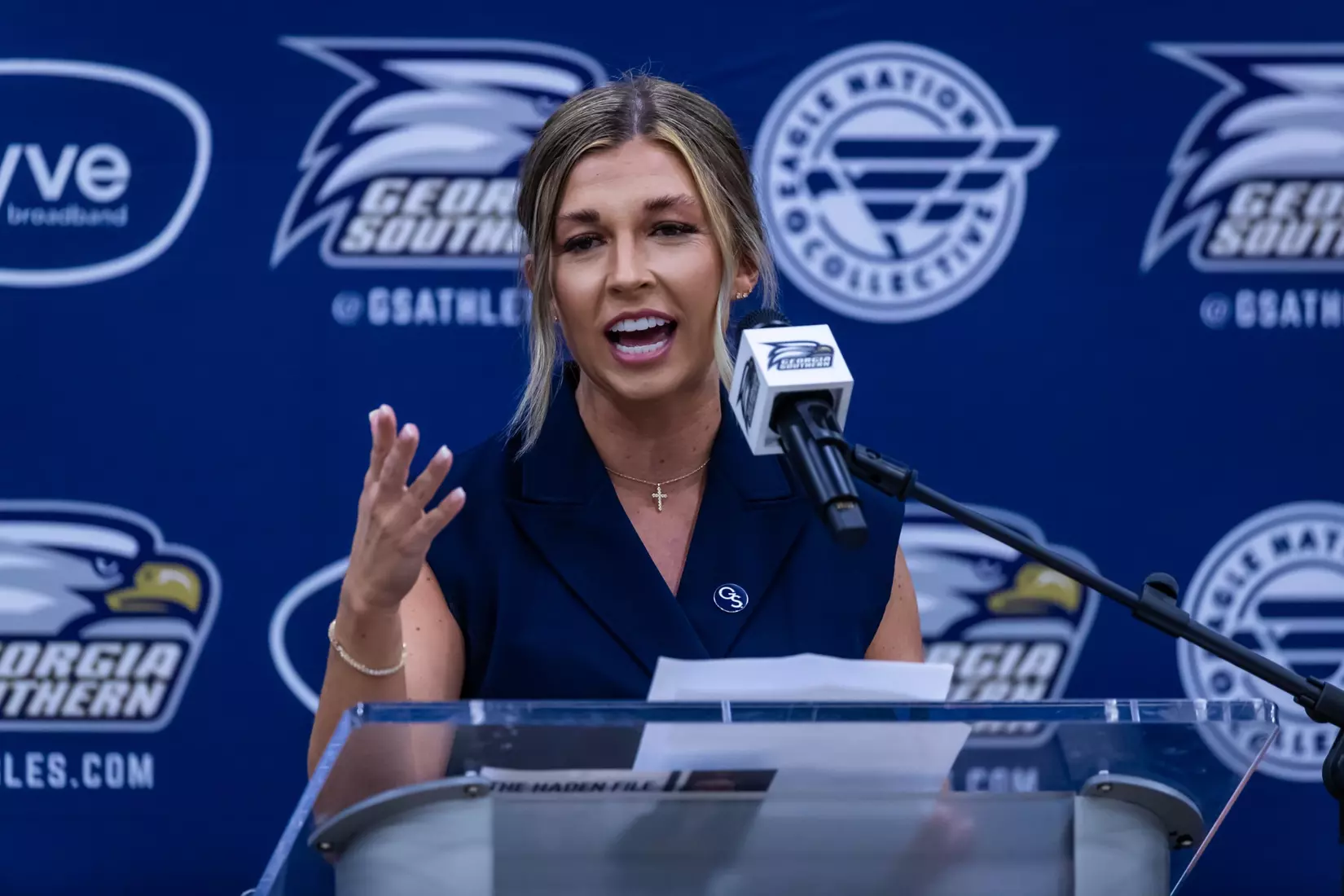 Georgia Southern Athletics introduces Hana Haden as the new Women’s Basketball Head Coach at Hanner Fieldhouse on April 2, 2024 in Statesboro, Georgia. (Photograph by AJ Henderson / Georgia Southern Athletics)
