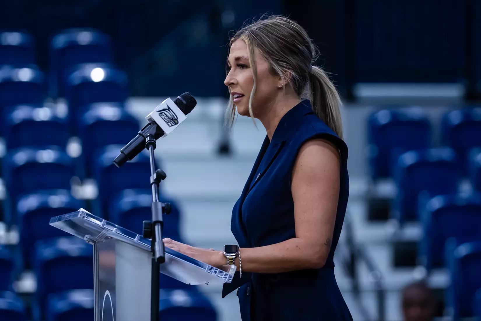 Georgia Southern Athletics introduces Hana Haden as the new Women’s Basketball Head Coach at Hanner Fieldhouse on April 2, 2024 in Statesboro, Georgia. (Photograph by AJ Henderson / Georgia Southern Athletics)
