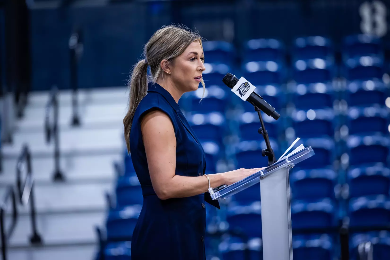 Georgia Southern Athletics introduces Hana Haden as the new Women’s Basketball Head Coach at Hanner Fieldhouse on April 2, 2024 in Statesboro, Georgia. (Photograph by AJ Henderson / Georgia Southern Athletics)