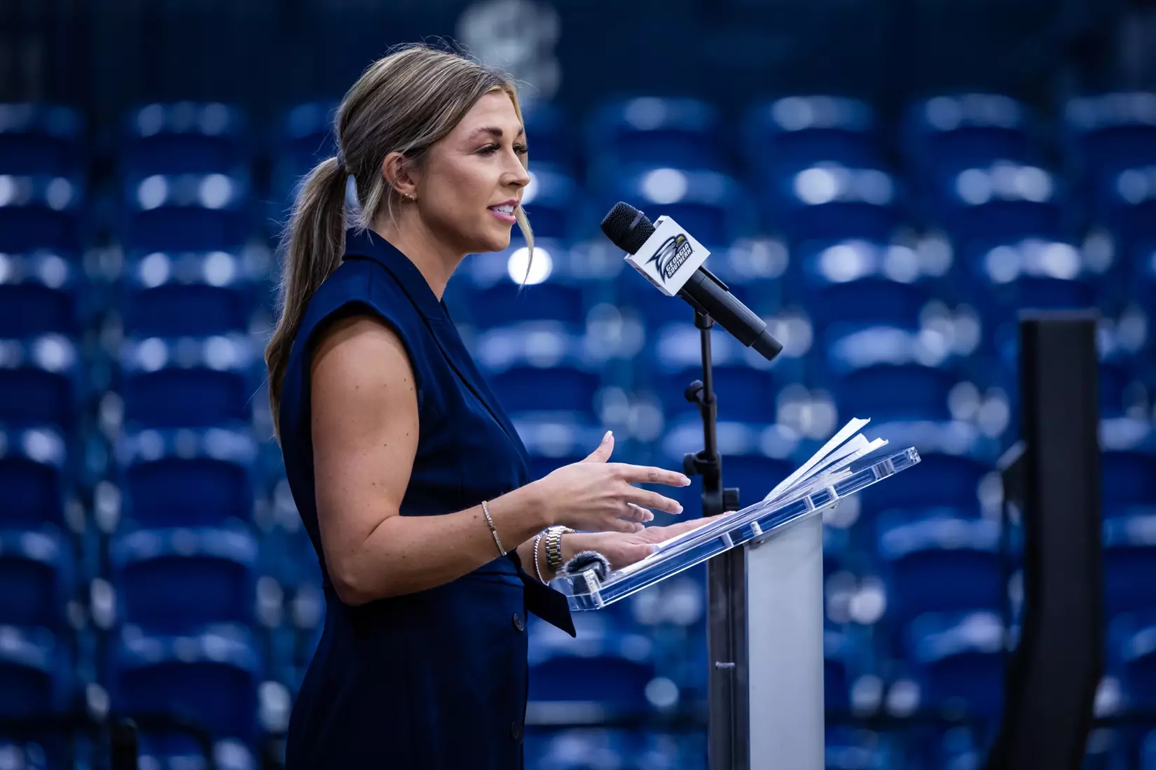 Georgia Southern Athletics introduces Hana Haden as the new Women’s Basketball Head Coach at Hanner Fieldhouse on April 2, 2024 in Statesboro, Georgia. (Photograph by AJ Henderson / Georgia Southern Athletics)
