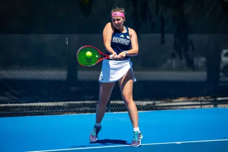 Georgia Southern senior Sophie Wagemaker during the NCAA women’s tennis match between Georgia Southern and Arkansas State at Wallis Tennis Center on April 5, 2024 in Statesboro, Georgia. (Photograph by AJ Henderson / Georgia Southern Athletics)