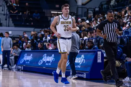 Georgia Southern junior forward Tyler Bush (35) during the NCAA men’s basketball game between Georgia Southern and Old Dominion at Hanner Fieldhouse on March 1, 2024 in Statesboro, Georgia. (Photograph by AJ Henderson / Georgia Southern Athletics)