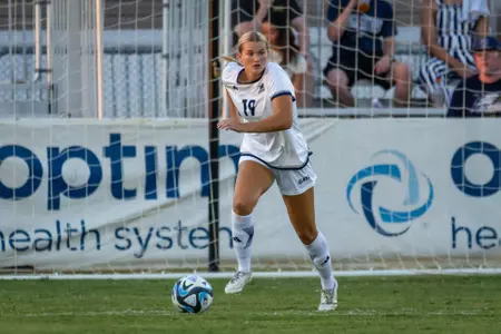 Georgia Southern defender Claire Casey (19) during the NCAA women’s soccer match between Georgia Southern and Kennesaw State at Tormenta Stadium on August 22, 2024 in Statesboro, Georgia. (Photograph by AJ Henderson / Georgia Southern Athletics)