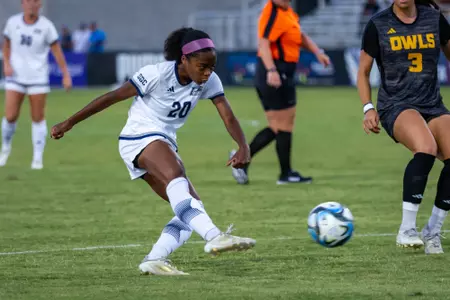 Georgia Southern midfielder Addison Comer (20) during the NCAA women’s soccer match between Georgia Southern and Kennesaw State at Tormenta Stadium on August 22, 2024 in Statesboro, Georgia. (Photograph by AJ Henderson / Georgia Southern Athletics)
