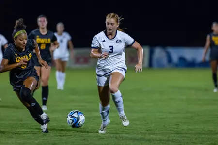 Georgia Southern midfielder Meredith Pugh (3) during the NCAA women’s soccer match between Georgia Southern and Kennesaw State at Tormenta Stadium on August 22, 2024 in Statesboro, Georgia. (Photograph by AJ Henderson / Georgia Southern Athletics)