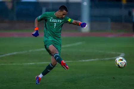 Georgia Southern goalkeeper Nate Martinez (1) during the NCAA men’s soccer match between Georgia Southern and North Florida at Bo Pitts Field on September 9, 2024 in Statesboro, Georgia. (Photograph by AJ Henderson / Georgia Southern Athletics)