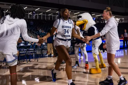 Georgia Southern senior forward Indya Green (34) during the NCAA women’s basketball game between Georgia Southern and Jacksonville at Jack and Ruth Ann Hill Convocation Center on December 5, 2024 in Statesboro, Georgia. (Photograph by AJ Henderson / Georgia Southern Athletics)