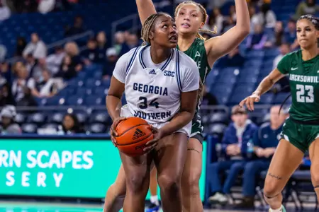 Georgia Southern senior forward Indya Green (34) during the NCAA women’s basketball game between Georgia Southern and Jacksonville at Jack and Ruth Ann Hill Convocation Center on December 5, 2024 in Statesboro, Georgia. (Photograph by AJ Henderson / Georgia Southern Athletics)