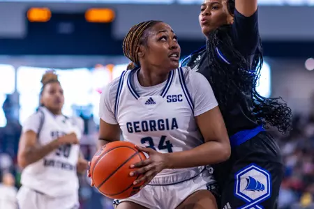 Georgia Southern senior forward Indya Green (34) during the NCAA women’s basketball game between Georgia Southern and Coastal Georgia at Jack and Ruth Ann Hill Convocation Center on December 13, 2024 in Statesboro, Georgia. (Photograph by AJ Henderson / Georgia Southern Athletics)