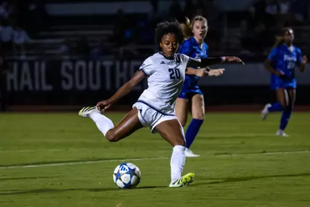 Georgia Southern midfielder Addison Comer (20) during the NCAA women’s soccer match between Georgia Southern and Georgia State at Bo Pitts Field on October 2, 2025 in Statesboro, Georgia. (Photograph by AJ Henderson / Georgia Southern Athletics)