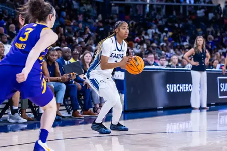 Georgia Southern sophomore guard Nevaeh Brown (3) during the NCAA women’s basketball game between Georgia Southern and LSU at Jack and Ruth Ann Hill Convocation Center on November 9, 2025 in Statesboro, Georgia. (Photograph by AJ Henderson / Georgia Southern Athletics)