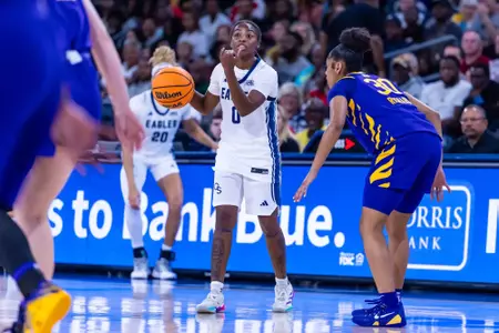 Georgia Southern graduate guard Destiny Garrett (0) during the NCAA women’s basketball game between Georgia Southern and LSU at Jack and Ruth Ann Hill Convocation Center on November 9, 2025 in Statesboro, Georgia. (Photograph by AJ Henderson / Georgia Southern Athletics)