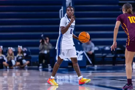 Georgia Southern graduate guard Destiny Garrett (0) during the NCAA women’s basketball game between Georgia Southern and Central Michigan at Jack and Ruth Ann Hill Convocation Center on November 3, 2025 in Statesboro, Georgia. (Photograph by AJ Henderson / Georgia Southern Athletics)