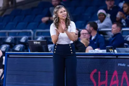 Georgia Southern women's basketball head coach Hana Haden during the NCAA women’s basketball game between Georgia Southern and Central Michigan at Jack and Ruth Ann Hill Convocation Center on November 3, 2025 in Statesboro, Georgia. (Photograph by AJ Henderson / Georgia Southern Athletics)