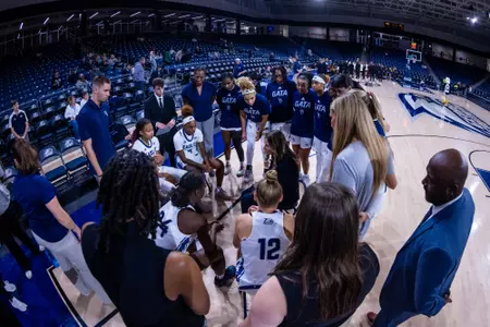 Georgia Southern team during the NCAA women’s basketball game between Georgia Southern and Central Michigan at Jack and Ruth Ann Hill Convocation Center on November 3, 2025 in Statesboro, Georgia. (Photograph by AJ Henderson / Georgia Southern Athletics)