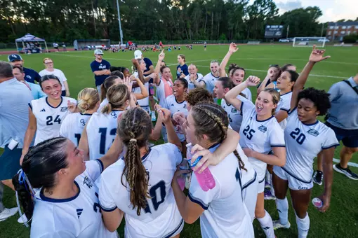 Georgia Southern team during the NCAA women’s soccer match between Georgia Southern and Samford at Bo Pitts Field on August 14, 2025 in Statesboro, Georgia. (Photograph by AJ Henderson / Georgia Southern Athletics)