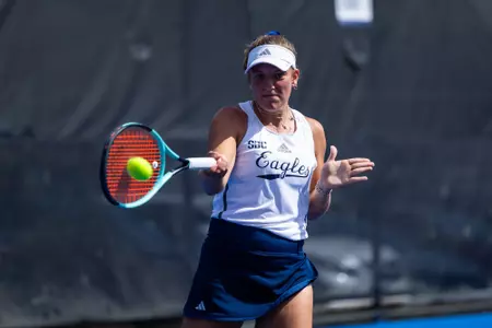 Georgia Southern freshman Franzi Heinemann during the NCAA women’s tennis match between Georgia Southern and Coastal Carolina at Wallis Tennis Center on March 14, 2025 in Statesboro, Georgia. (Photograph by AJ Henderson / Georgia Southern Athletics)