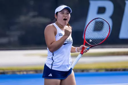 Georgia Southern junior Nanaka Kijima during the NCAA women’s tennis match between Georgia Southern and Coastal Carolina at Wallis Tennis Center on March 14, 2025 in Statesboro, Georgia. (Photograph by AJ Henderson / Georgia Southern Athletics)