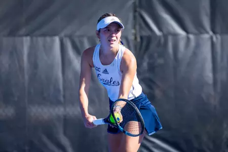 Georgia Southern sophomore Mackenzie Leopold during the NCAA women’s tennis match between Georgia Southern and Coastal Carolina at Wallis Tennis Center on March 14, 2025 in Statesboro, Georgia. (Photograph by AJ Henderson / Georgia Southern Athletics)