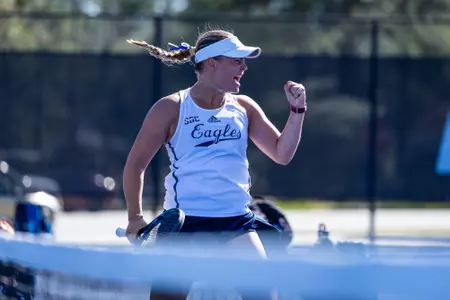 Georgia Southern freshman Lisen Rinman during the NCAA women’s tennis match between Georgia Southern and Coastal Carolina at Wallis Tennis Center on March 14, 2025 in Statesboro, Georgia. (Photograph by AJ Henderson / Georgia Southern Athletics)