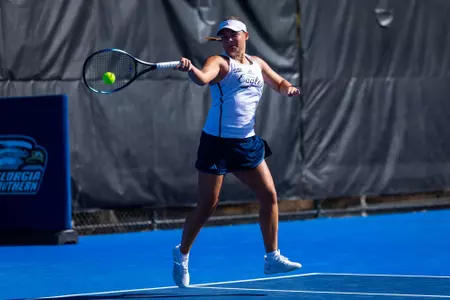 Georgia Southern freshman Lisen Rinman during the NCAA women’s tennis match between Georgia Southern and Coastal Carolina at Wallis Tennis Center on March 14, 2025 in Statesboro, Georgia. (Photograph by AJ Henderson / Georgia Southern Athletics)