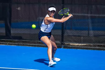 Georgia Southern freshman Amelie Rosadoro during the NCAA women’s tennis match between Georgia Southern and Coastal Carolina at Wallis Tennis Center on March 14, 2025 in Statesboro, Georgia. (Photograph by AJ Henderson / Georgia Southern Athletics)