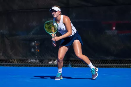 Georgia Southern freshman Evelyn Warkentin during the NCAA women’s tennis match between Georgia Southern and Coastal Carolina at Wallis Tennis Center on March 14, 2025 in Statesboro, Georgia. (Photograph by AJ Henderson / Georgia Southern Athletics)
