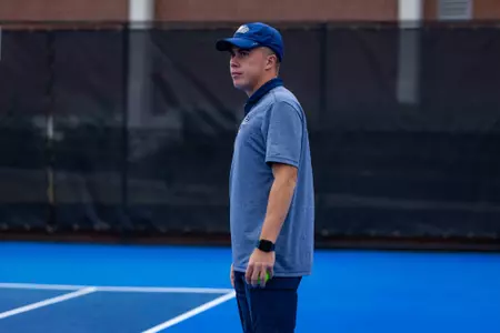 Georgia Southern graduate assistant coach Ege Cankus during the NCAA men’s tennis match between Georgia Southern and Louisiana at Wallis Tennis Center on March 29, 2025 in Statesboro, Georgia. (Photograph by AJ Henderson / Georgia Southern Athletics)