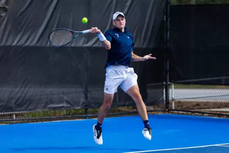 Georgia Southern freshman Milan Ristov during the NCAA men’s tennis match between Georgia Southern and Southern Miss at Wallis Tennis Center on March 30, 2025 in Statesboro, Georgia. (Photograph by AJ Henderson / Georgia Southern Athletics)