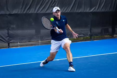 Georgia Southern freshman Milan Ristov during the NCAA men’s tennis match between Georgia Southern and Southern Miss at Wallis Tennis Center on March 30, 2025 in Statesboro, Georgia. (Photograph by AJ Henderson / Georgia Southern Athletics)