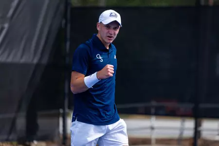 Georgia Southern freshman Milan Ristov during the NCAA men’s tennis match between Georgia Southern and Southern Miss at Wallis Tennis Center on March 30, 2025 in Statesboro, Georgia. (Photograph by AJ Henderson / Georgia Southern Athletics)