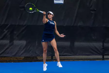 Georgia Southern freshman Amelie Rosadoro during the NCAA women’s tennis match between Georgia Southern and Georgia State at Wallis Tennis Center on March 29, 2025 in Statesboro, Georgia. (Photograph by AJ Henderson / Georgia Southern Athletics)